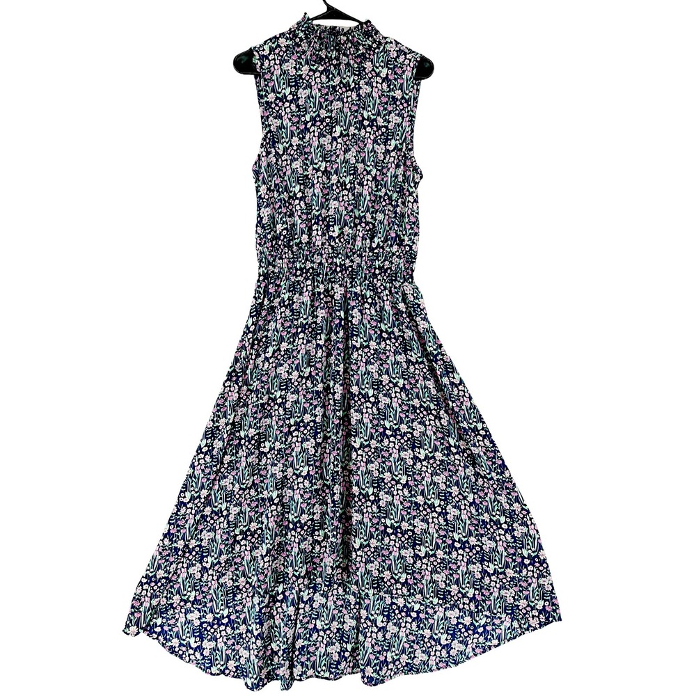 Nanette Lepore Midi Dress 12 Navy Floral Smocked Mock Neck Fairy Ethereal Whimsy